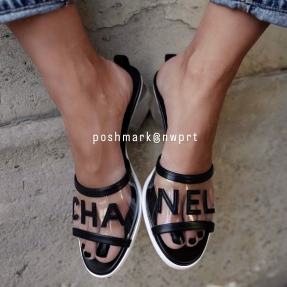 CHANEL 💯 Logo PVC Slides Sandals Mules Transparent Clear Black 37 7 Box Bag SS19 - Picture 1 of 17